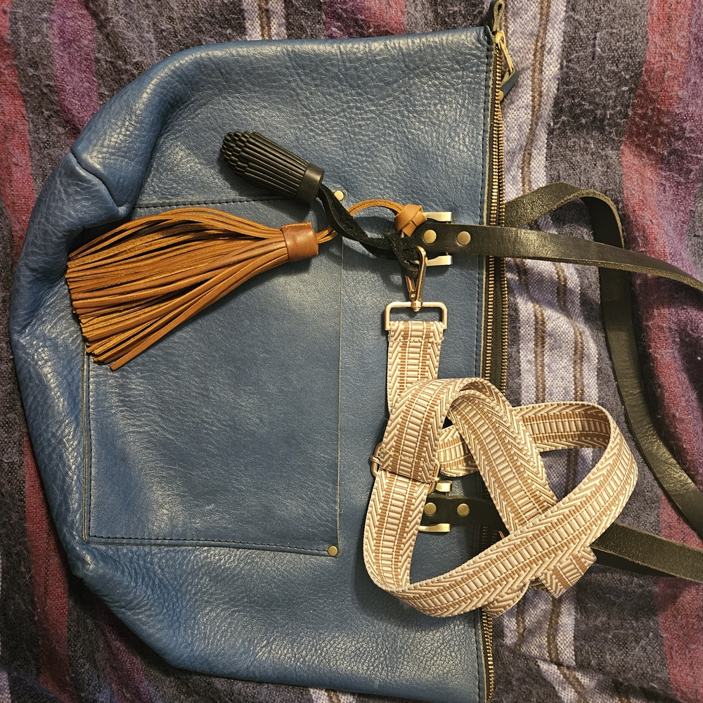 Blue Leather Women's Bag with Tassel